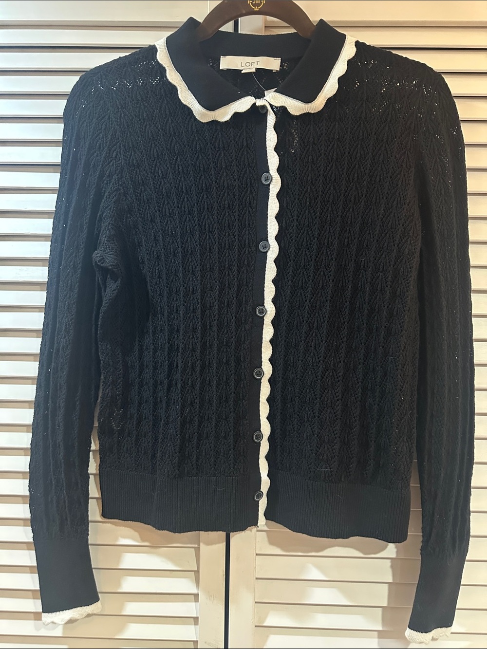 LOFT Black Cardigan with Cream Scalloped Trim
